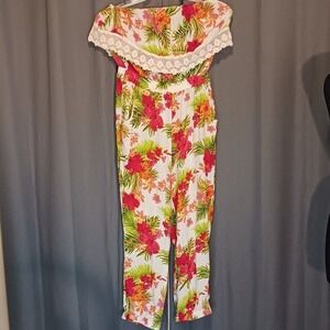 Love by Cheslie Cottagecore Boho Jumpsuit Romper Floral Crochet Off Shoulder L